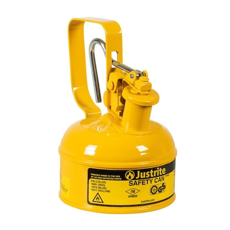 Justrite Type I Safety Can, Galvanized Steel, 1 pint, Trigger Handle, Self-Closing Lid, Yellow, Diesel 10011